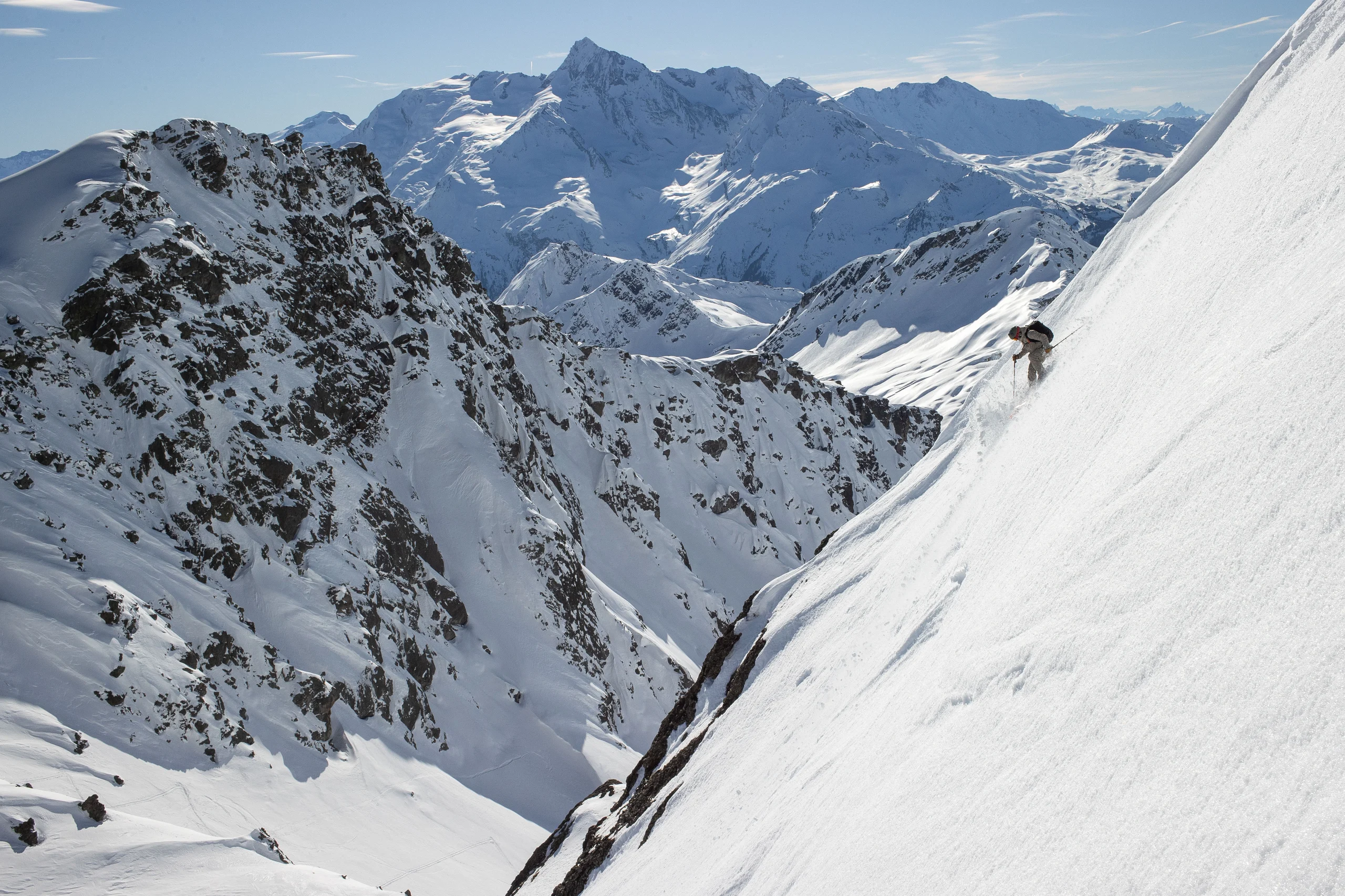 Skiing a steep face in France.