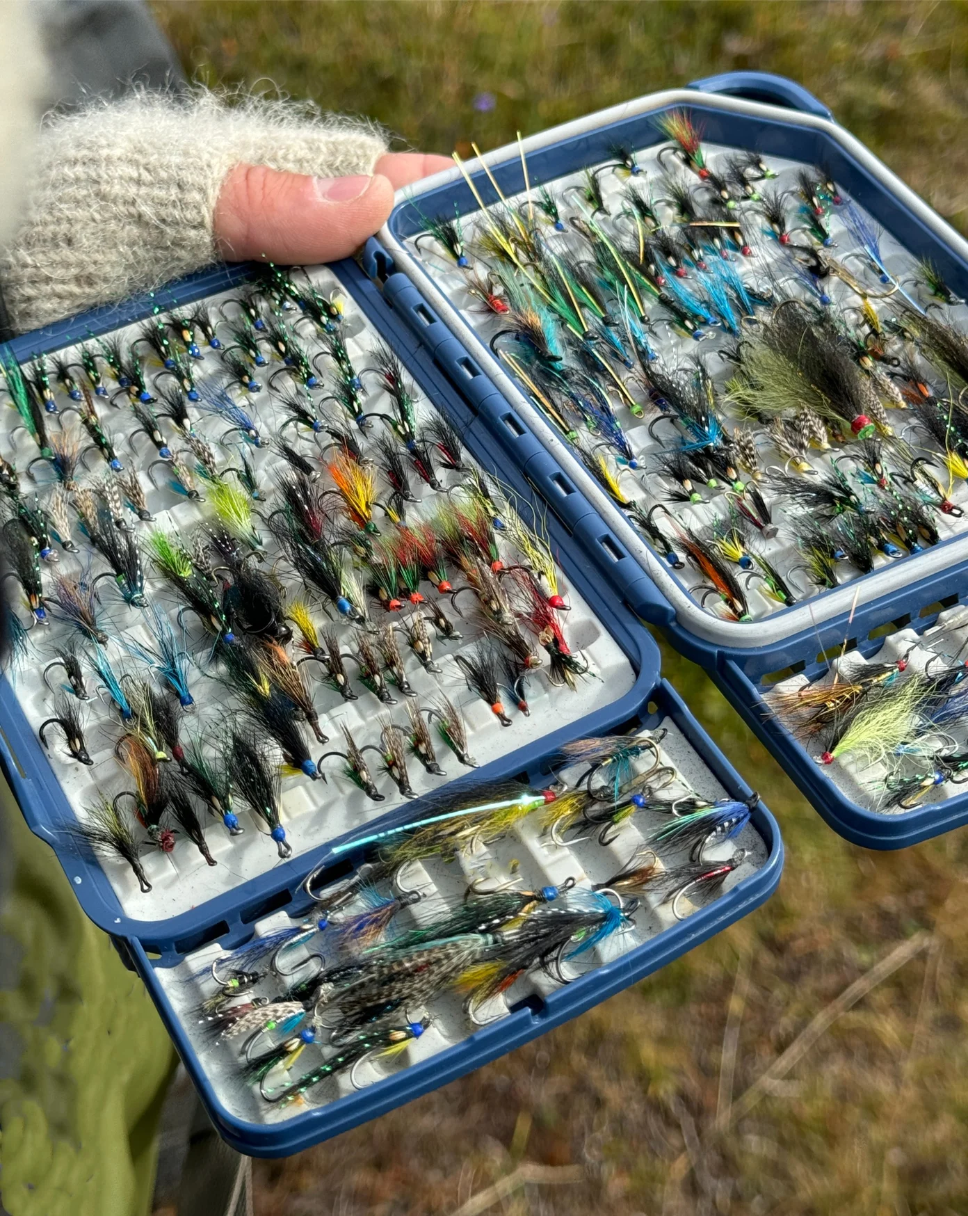 A case full of dozens of handcrafted fly fishing flies.