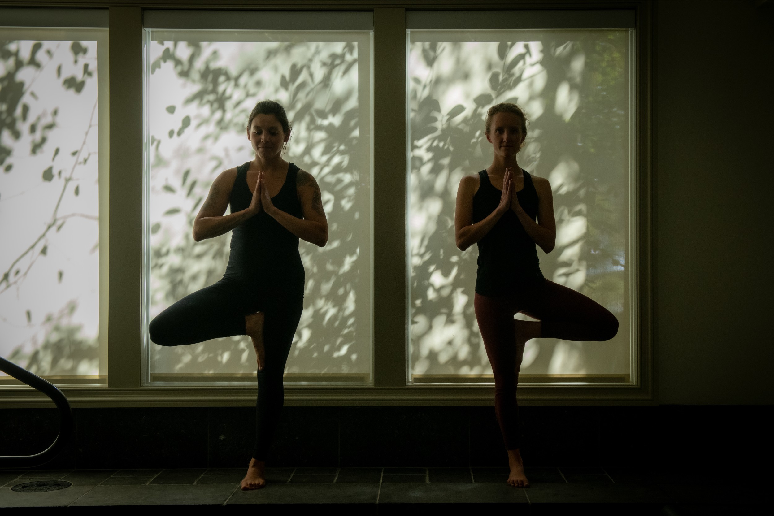 Two people holding tree pose in an intimate yoga studio.