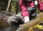 An angler shows off a brown trout.