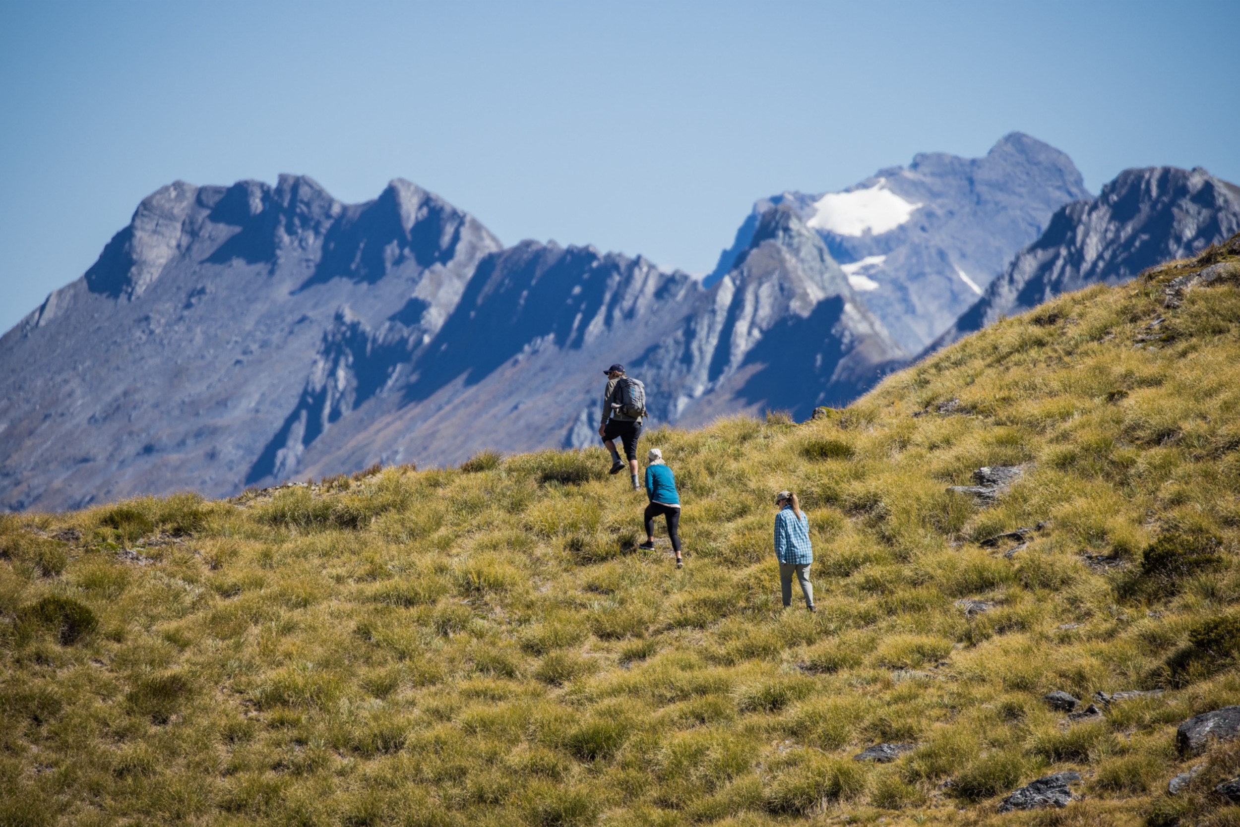 A group of people walking over a hill's crest.