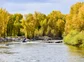 Two fishers rowing down a river in Colorado.