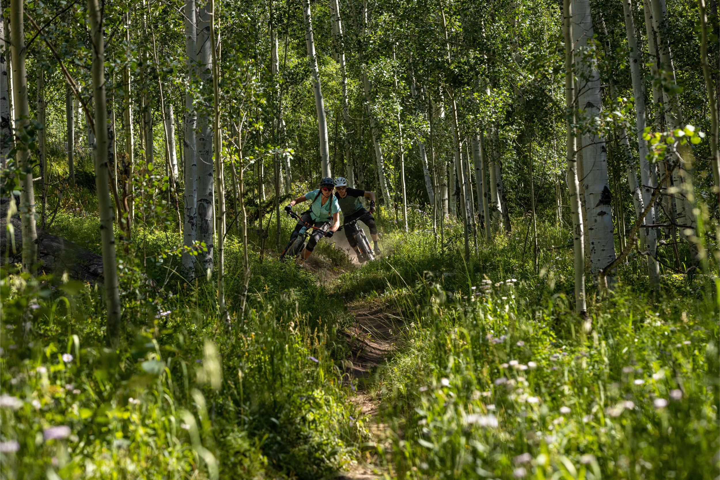 Two bikers speeding through a forest trail.