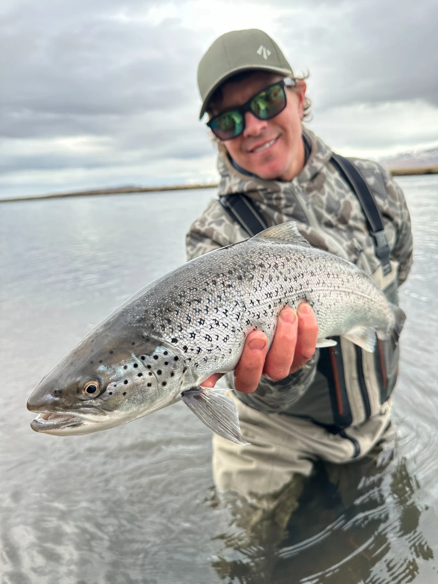 An angler holds a sea run trout in Iceland.