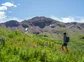 A hiker walking through a flowery field in Colorado.