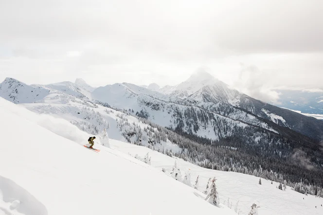 Man skiing open powder run.