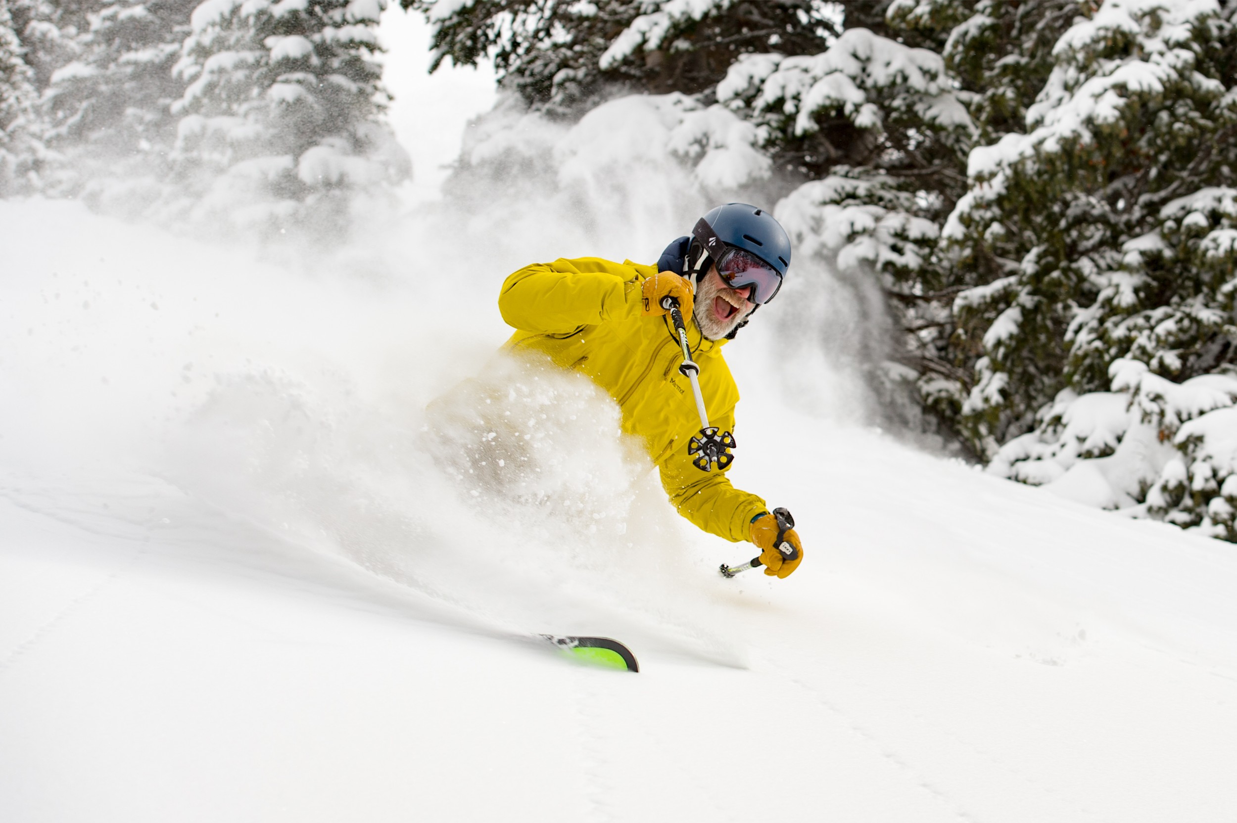 A person very happily carving while skiing in powdery snow.