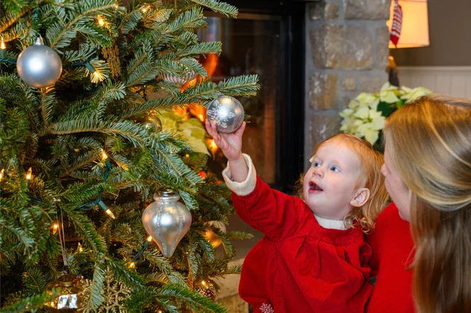 A mom holding her child looking at a Christmas tree ornament.