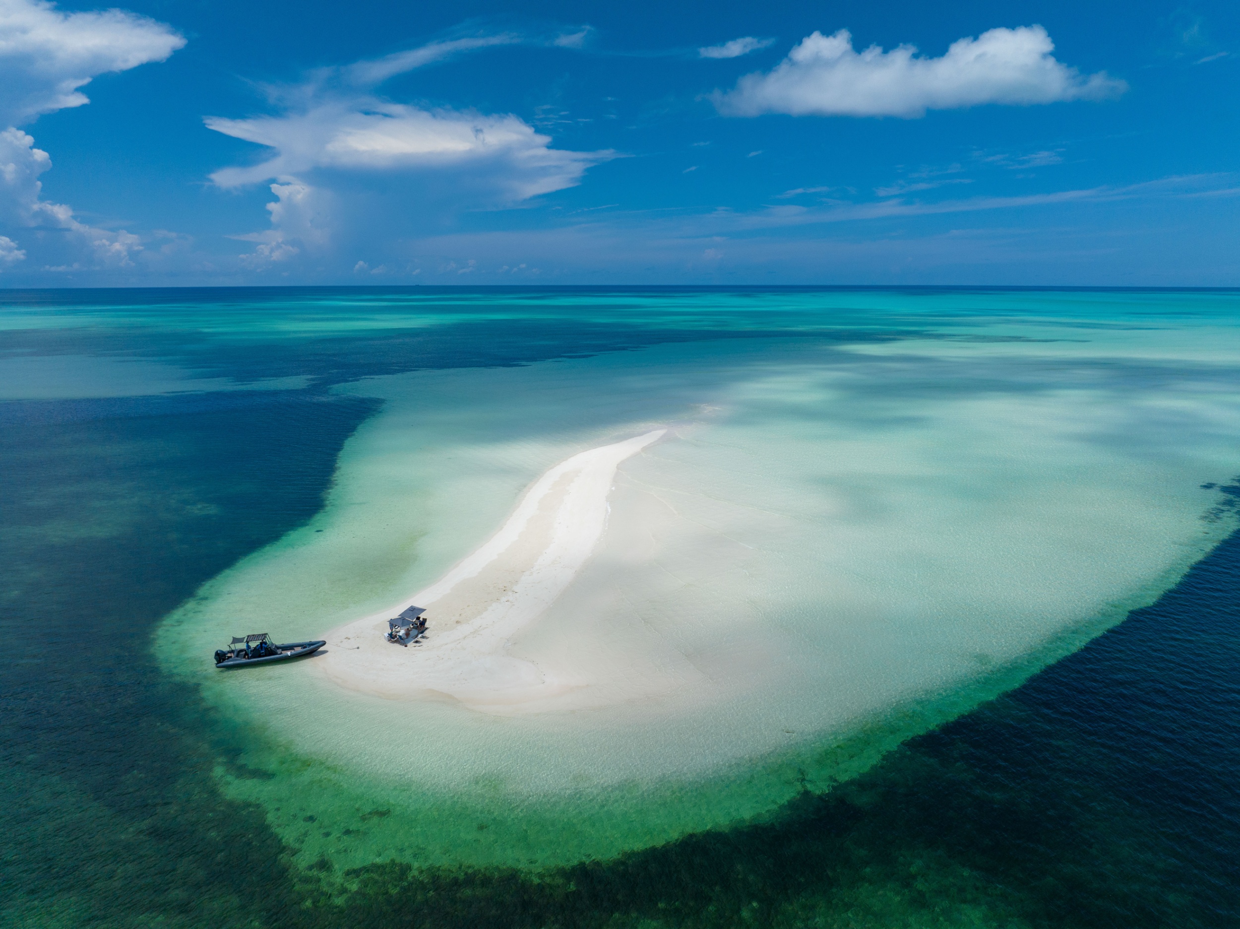 An aerial view a scorpion boat in the Bahamas.