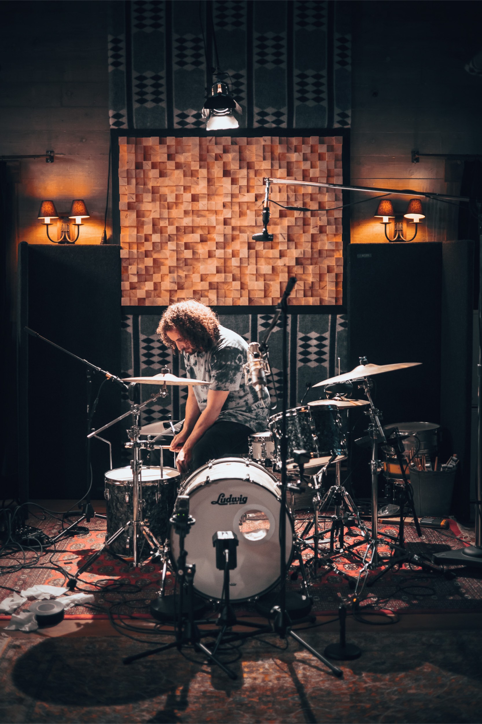 Ludwig drum kit being set up by audio engineer in Floki Studio.