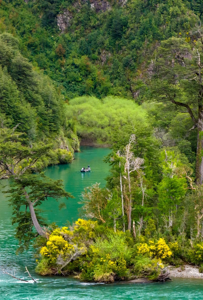 Anglers float down a Patagonian river.