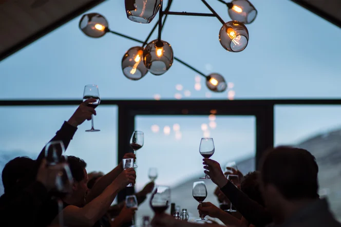 Several people raising their wine glasses for a toast at dinner.