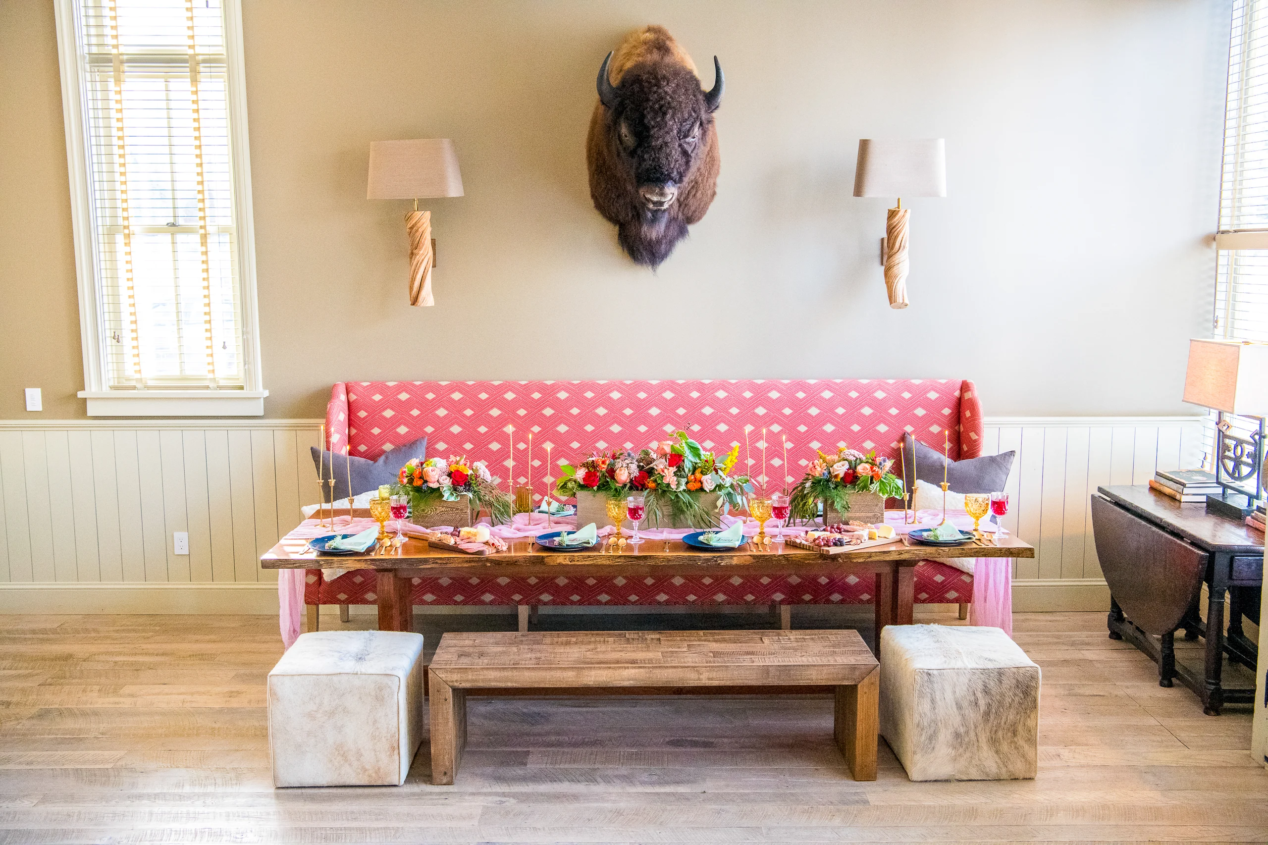 Bison head over table
