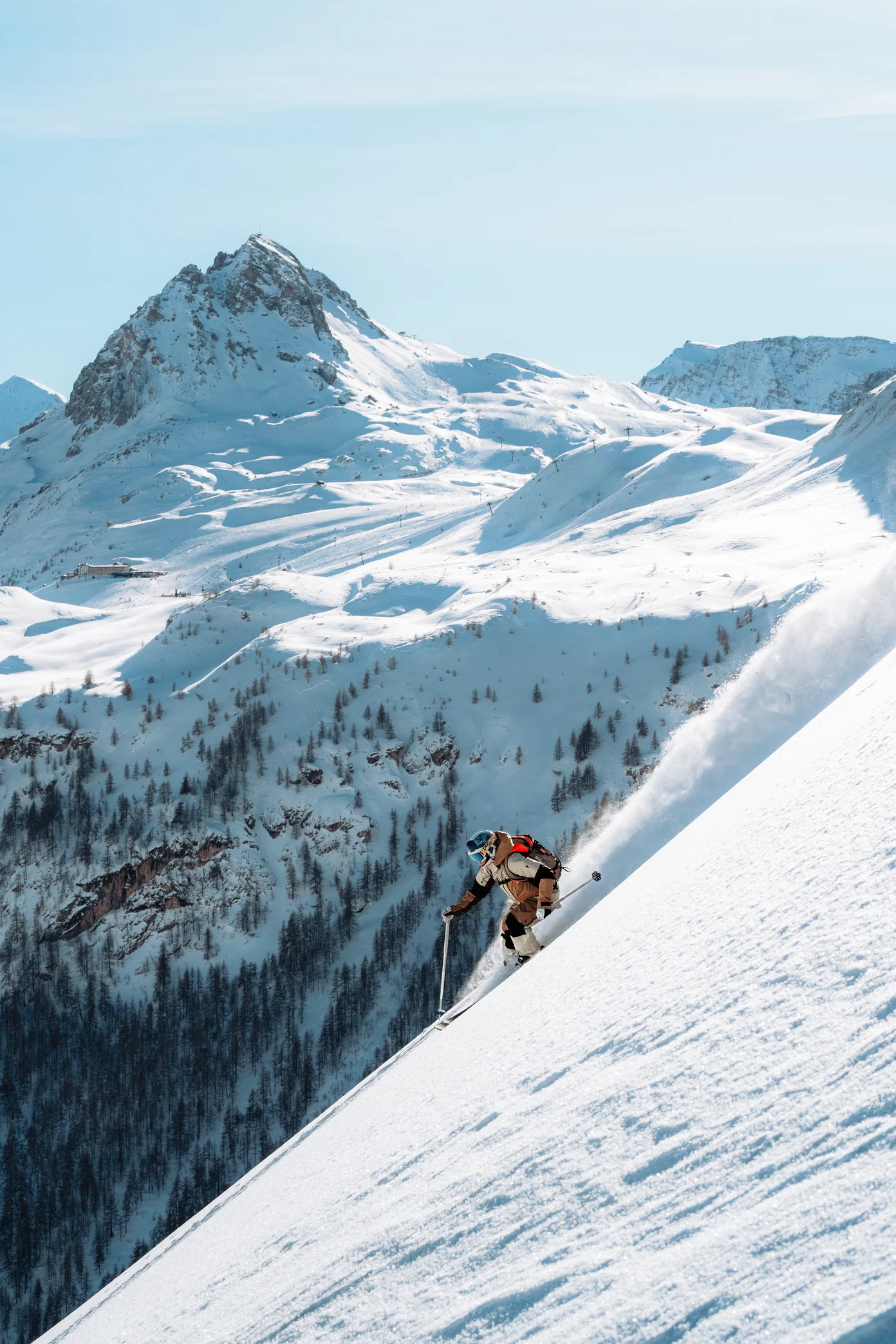 Skier skiing French resort sidecountry