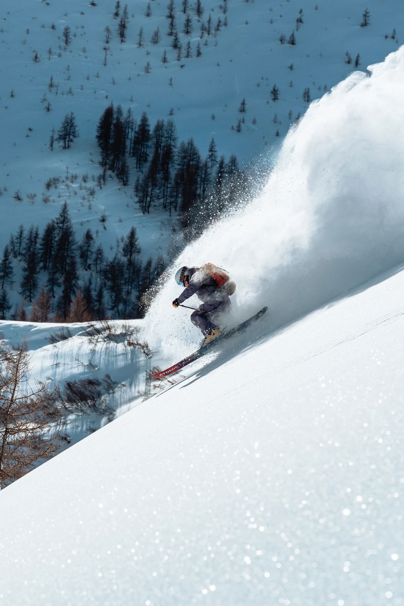 Skier skiing powder in France