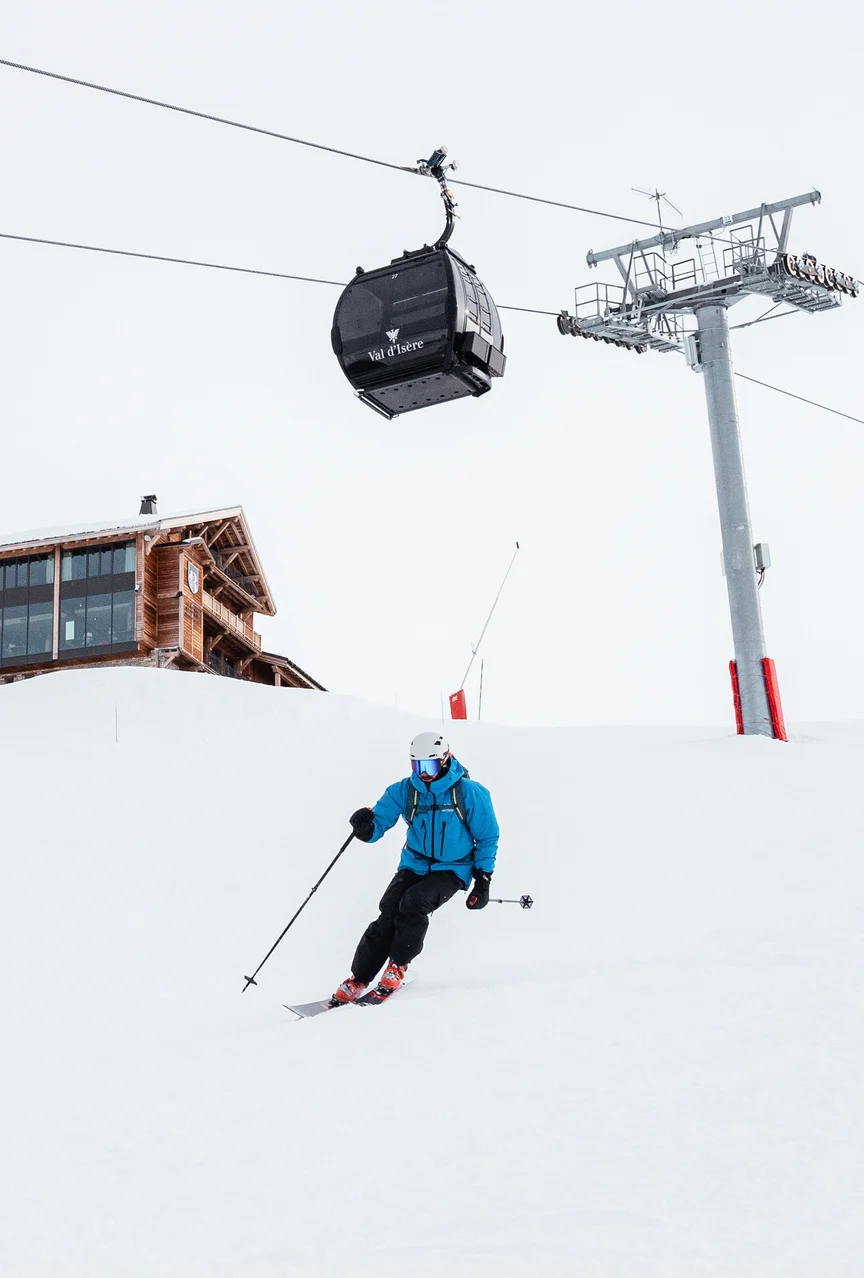 Skiing on piste at Val D'Isere resort in France.