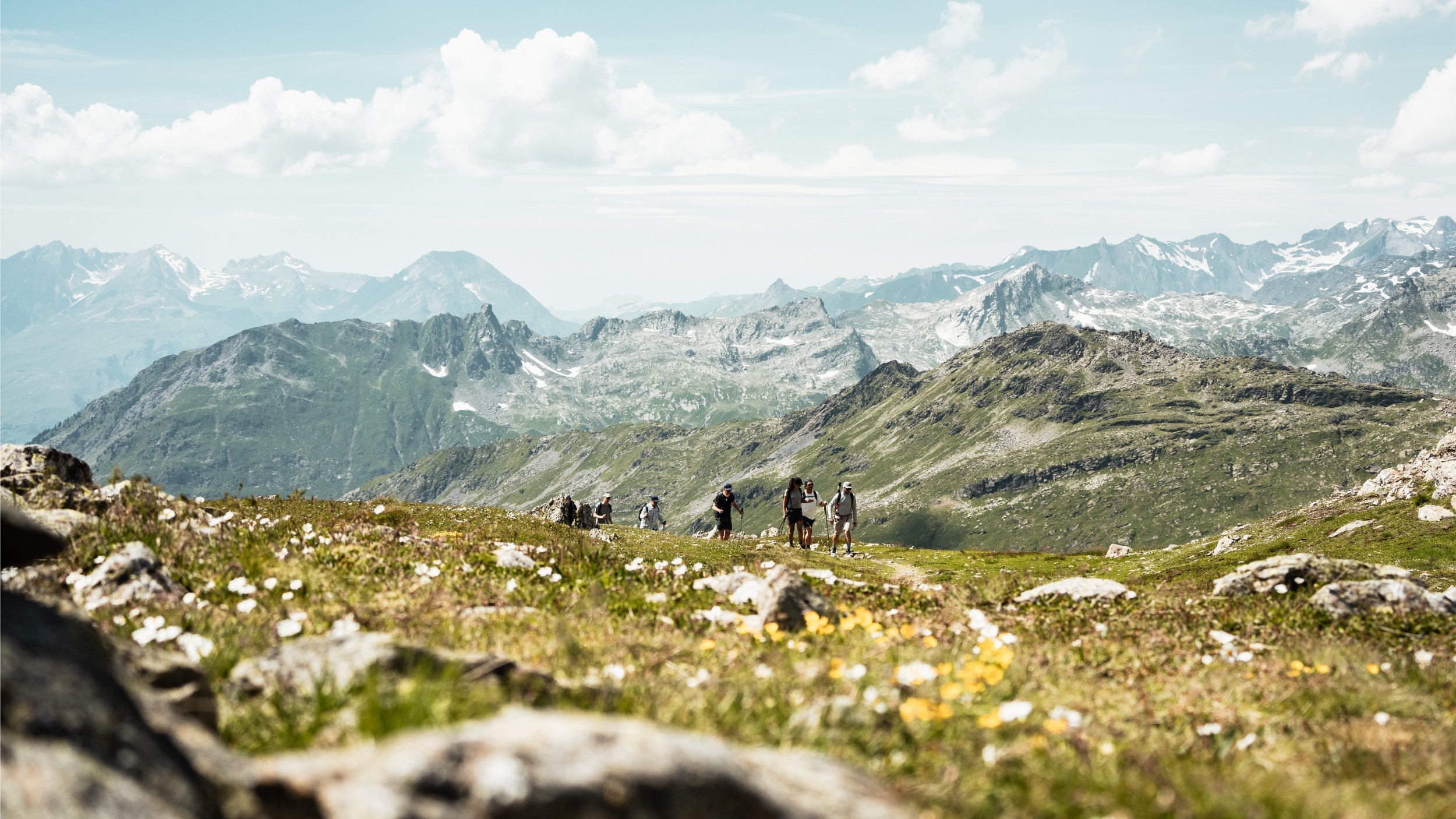 A group of people hiking the Alps during the summer.