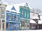 Storefronts in a snowy downtown in Crested Butte.