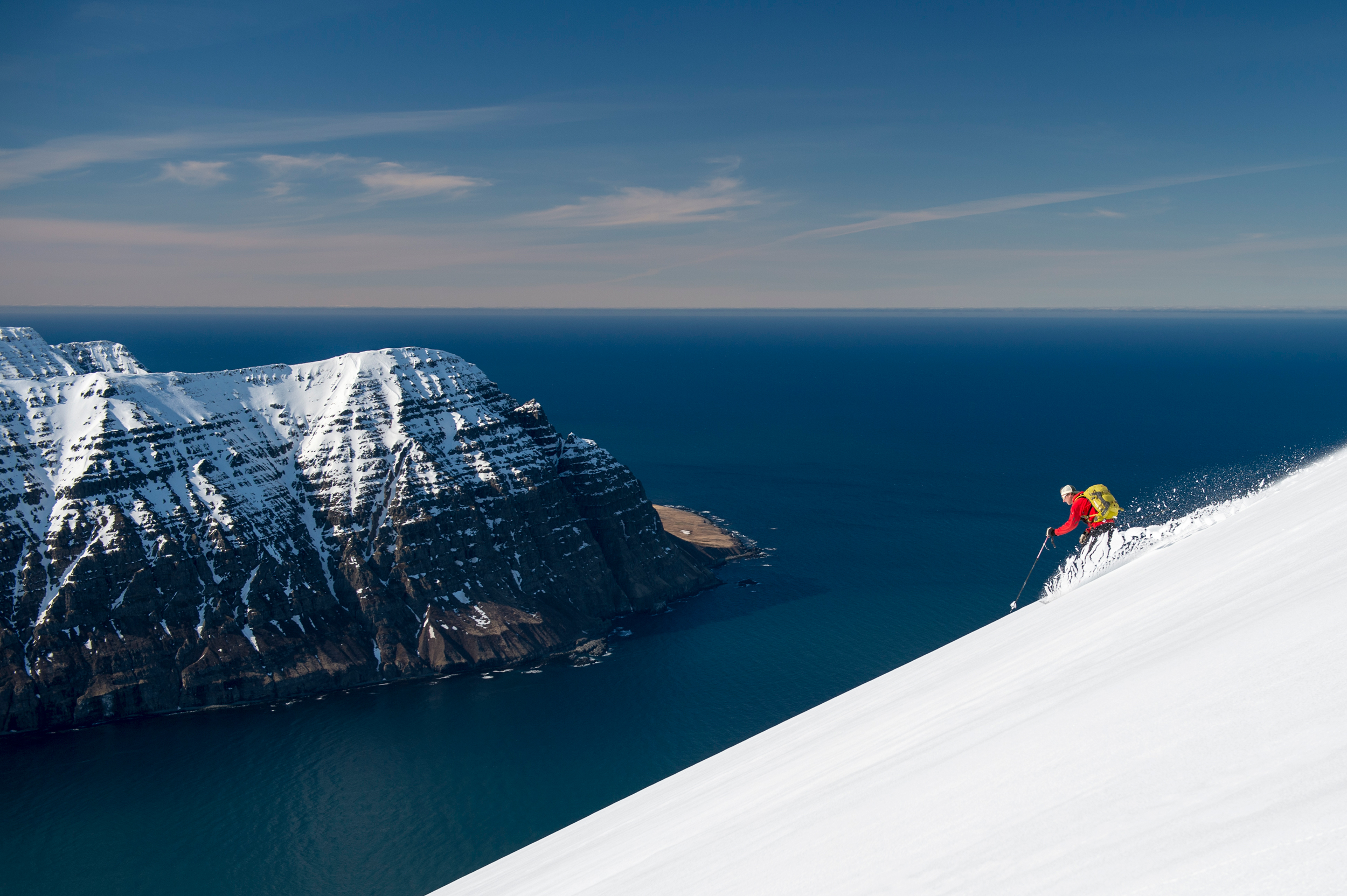 Heliskiing by the sea in Iceland.