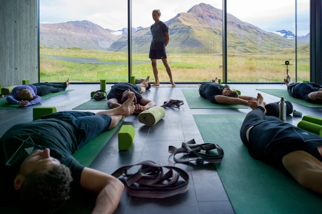 A yoga class at Deplar Farm in Iceland.