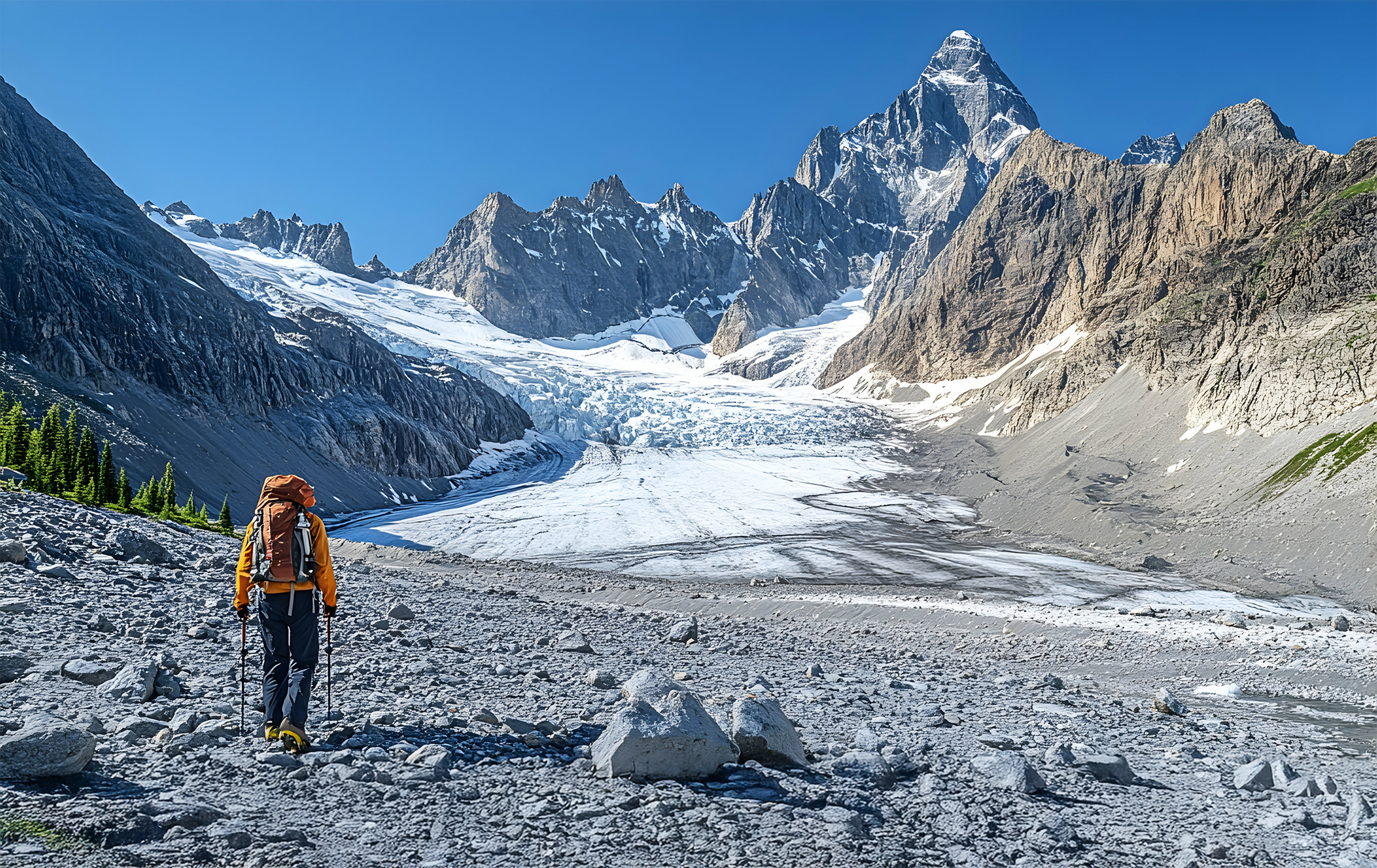 Person hiking to glacier in Canda.