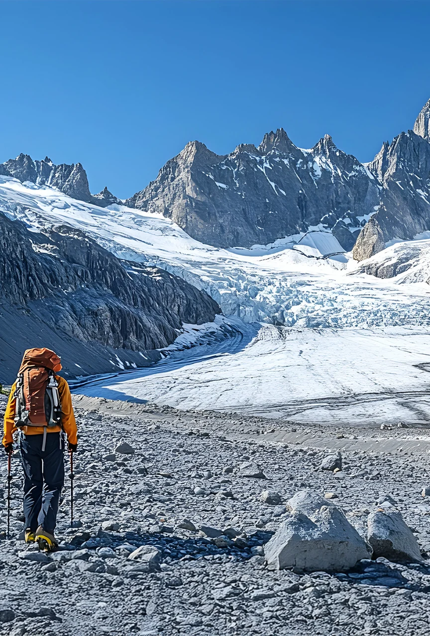 Person hiking to glacier in Canda.