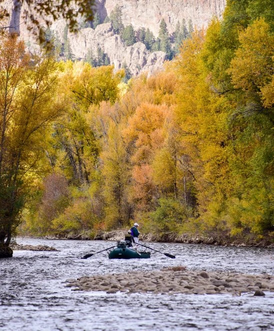An angler casts from a boat on the Gunnison River.